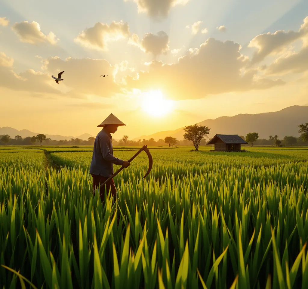 Traditional Thai Farmer in Lush Rice Field During Golden Hour