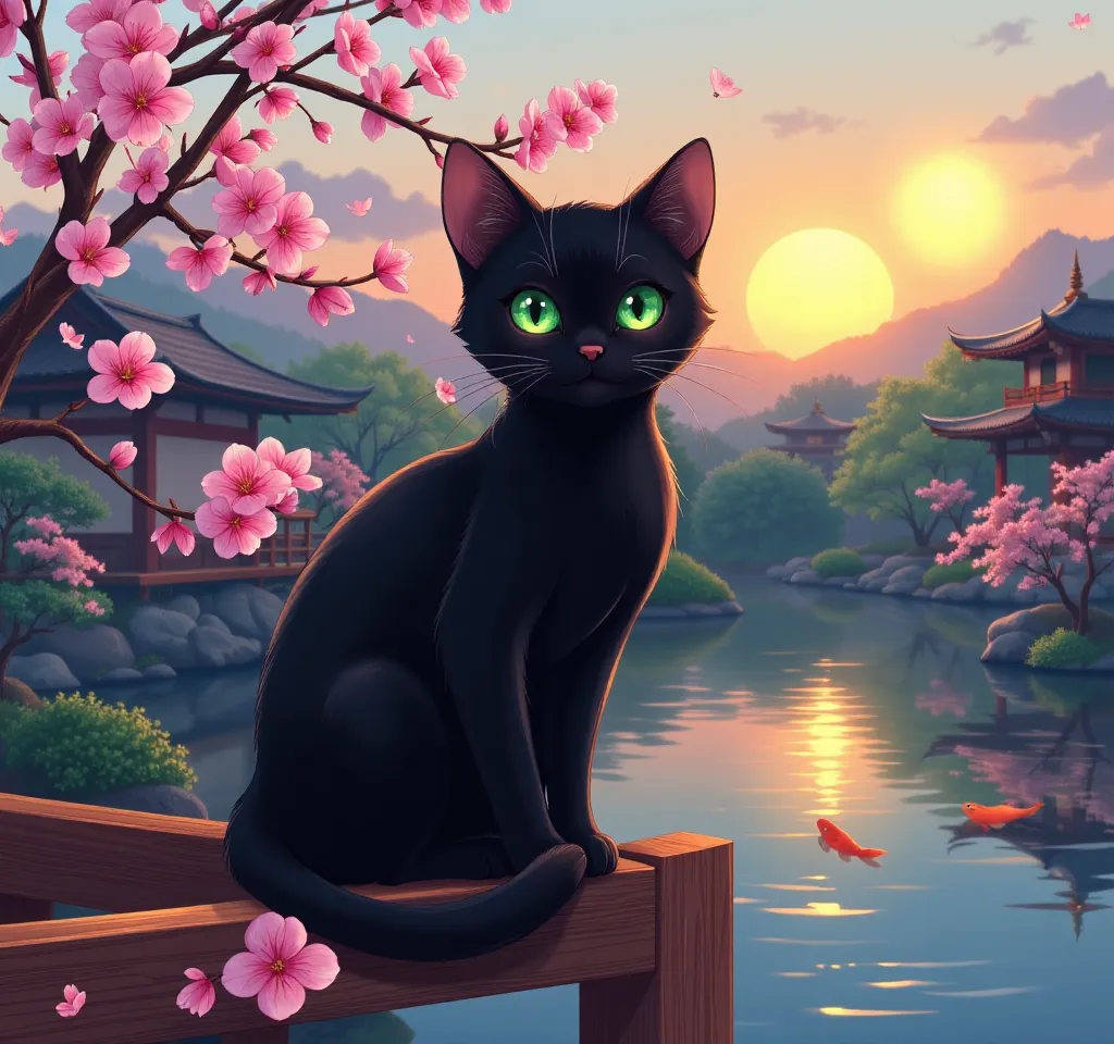 Enchanting Black Cat in a Japanese Garden