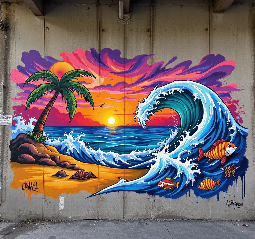 Vibrant Ocean-Themed Graffiti Mural