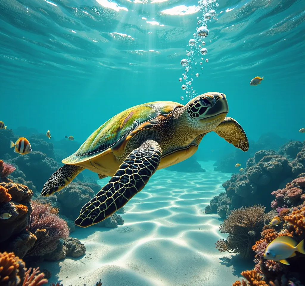 Vibrant Green Sea Turtle in Turquoise Waters