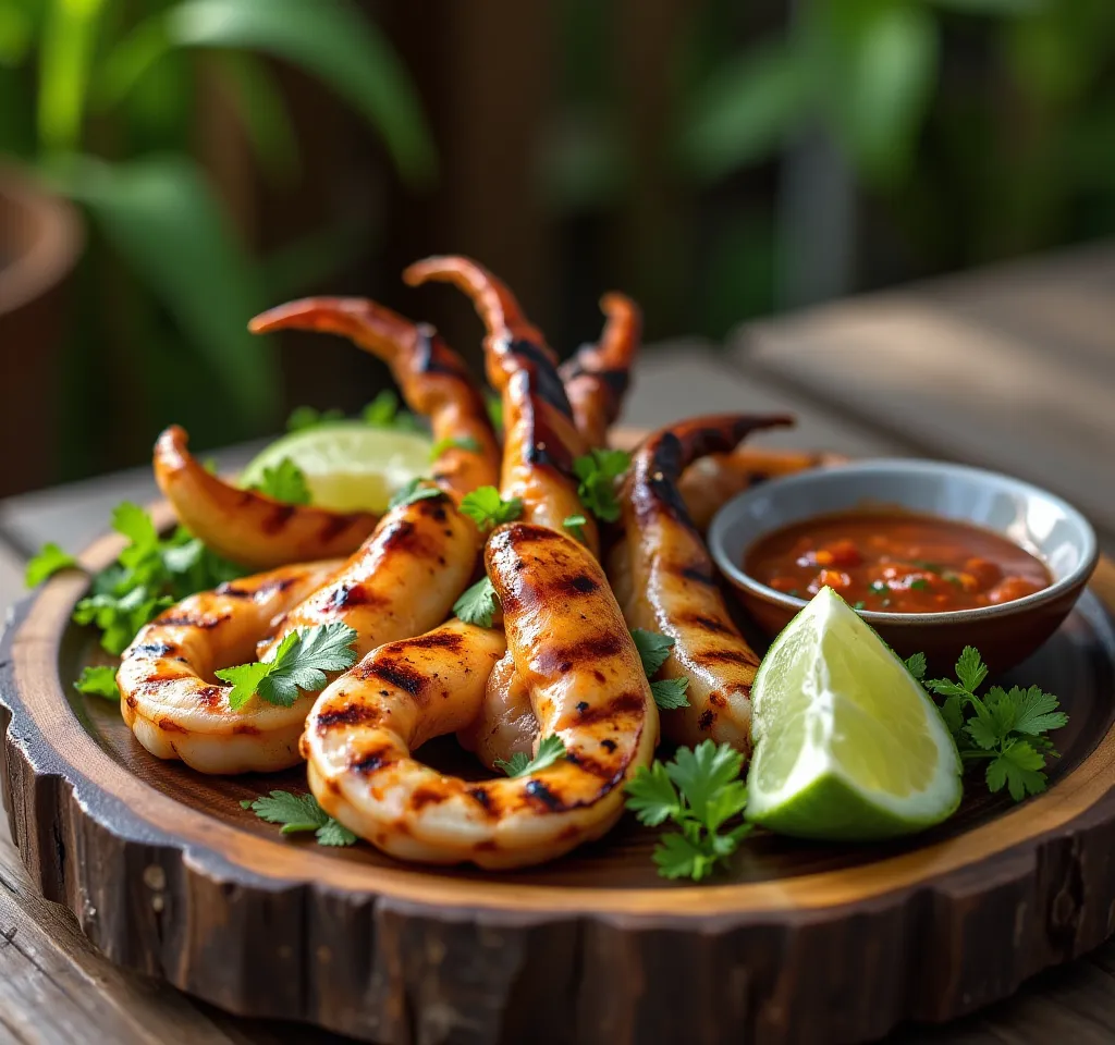 Beautifully Grilled Squid on Rustic Wooden Plate