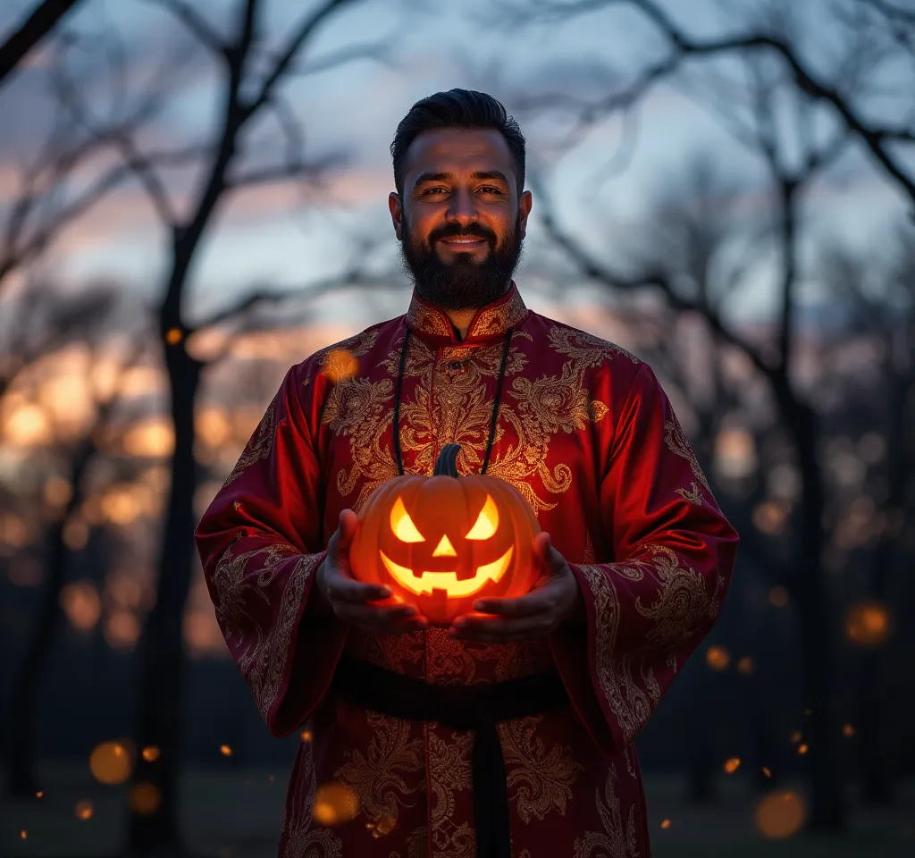 Man in Traditional Costume at Twilight with Glowing Pumpkin