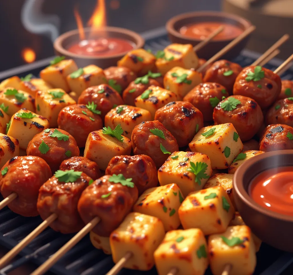 Vibrant Grilled Skewers with Dipping Sauces