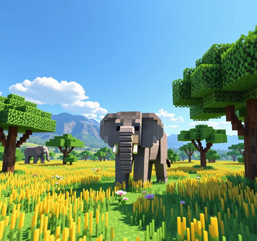 Massive Blocky Elephant in a Vibrant Savanna Biome