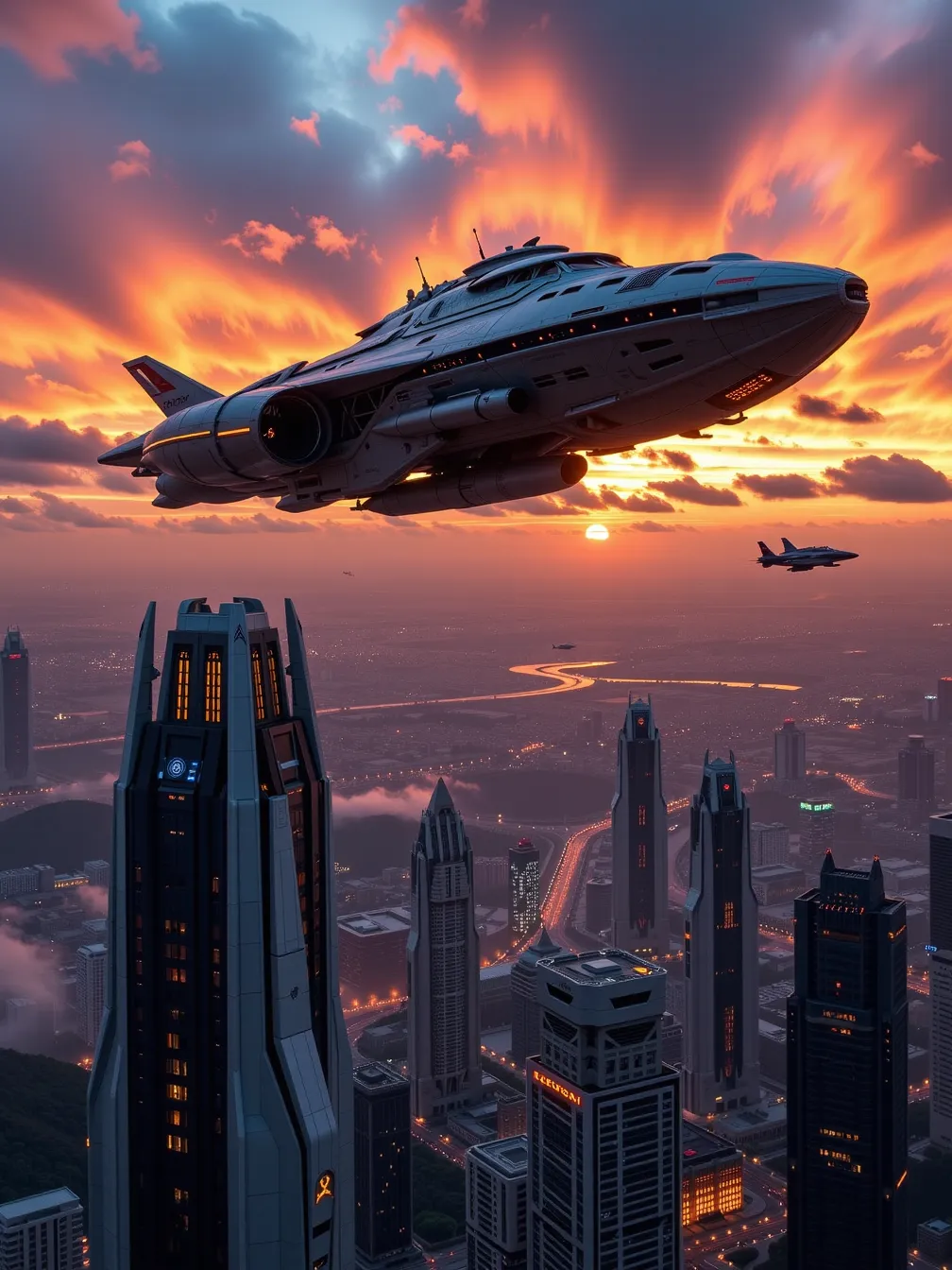 Majestic Spaceship Over Futuristic City