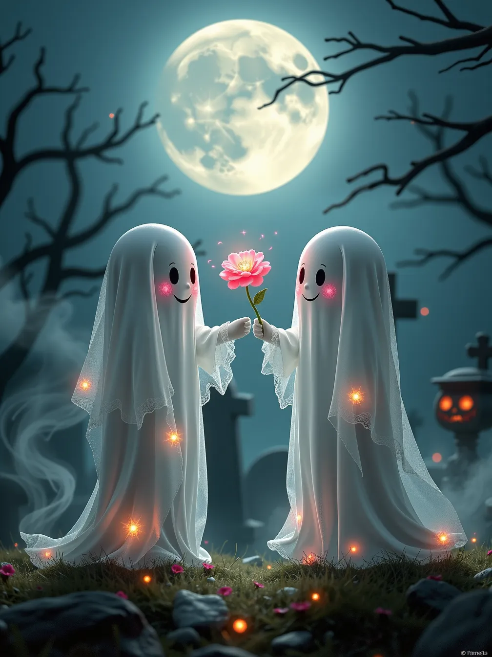 Whimsical Halloween Ghost Romance in a Mystical Graveyard