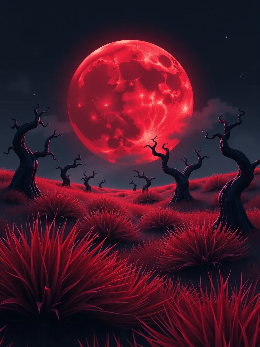 Surreal Dark Horror Landscape with Red Moon