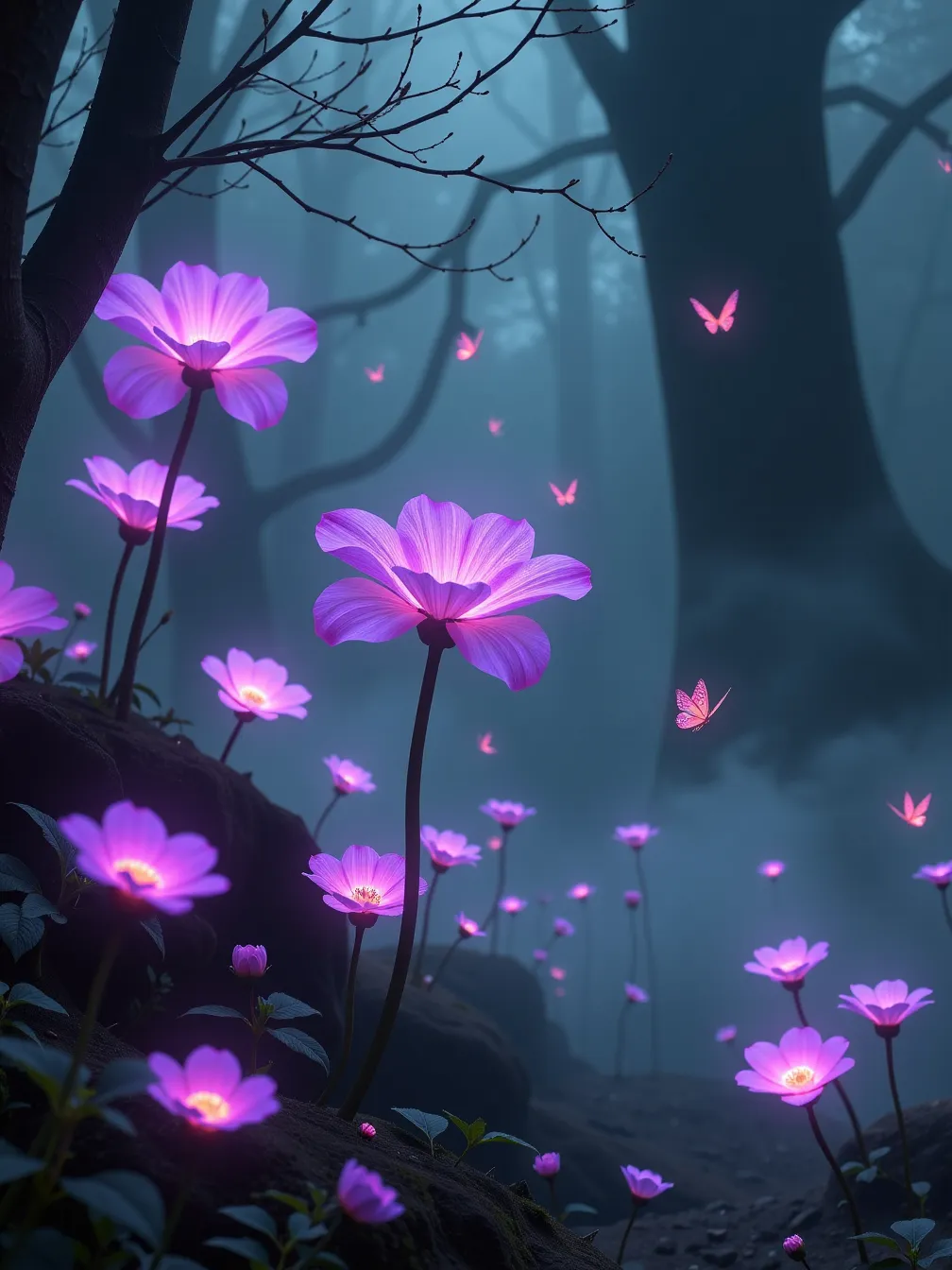 Gothic Fairy Forest with Glowing Flowers and Fairies