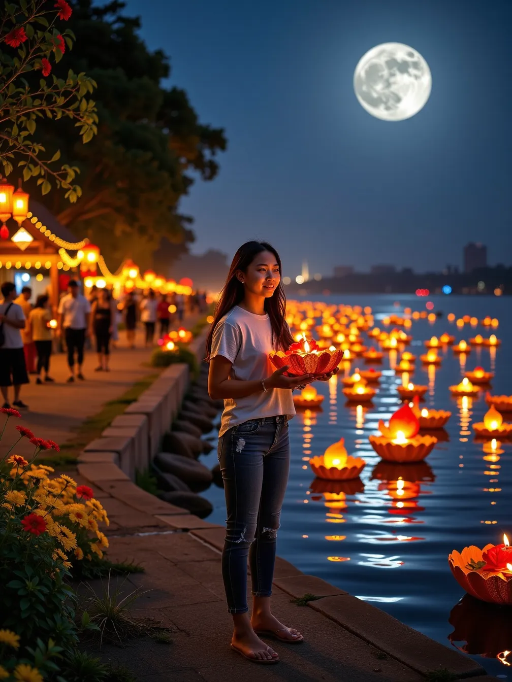 Nighttime Loy Krathong Festival Celebration