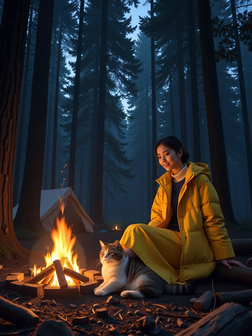 Serene Nighttime Forest with Woman and Cat