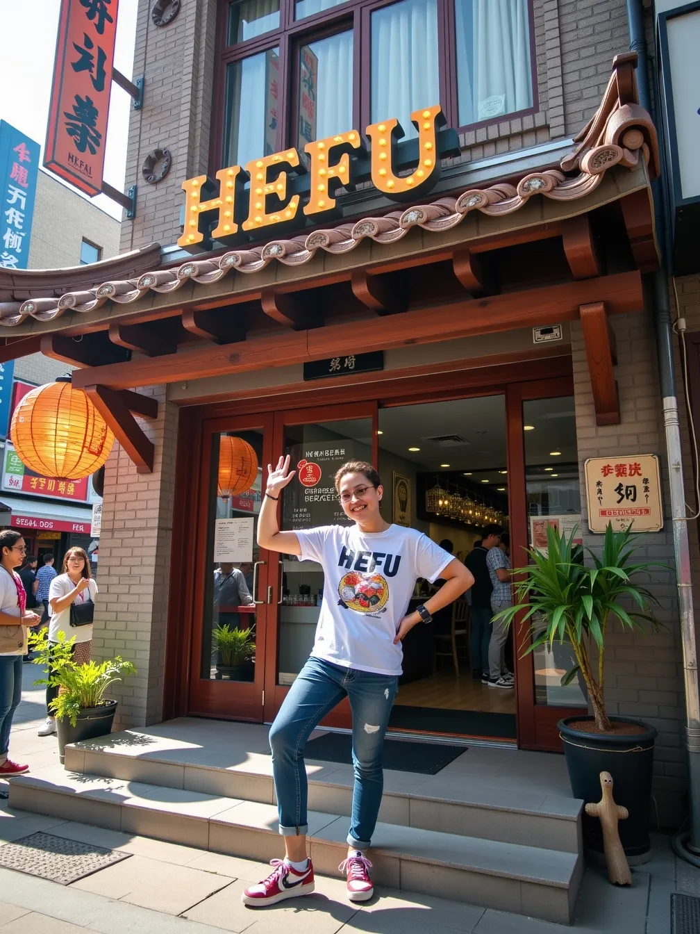 Vibrant Street Scene at HEFU Noodle Restaurant