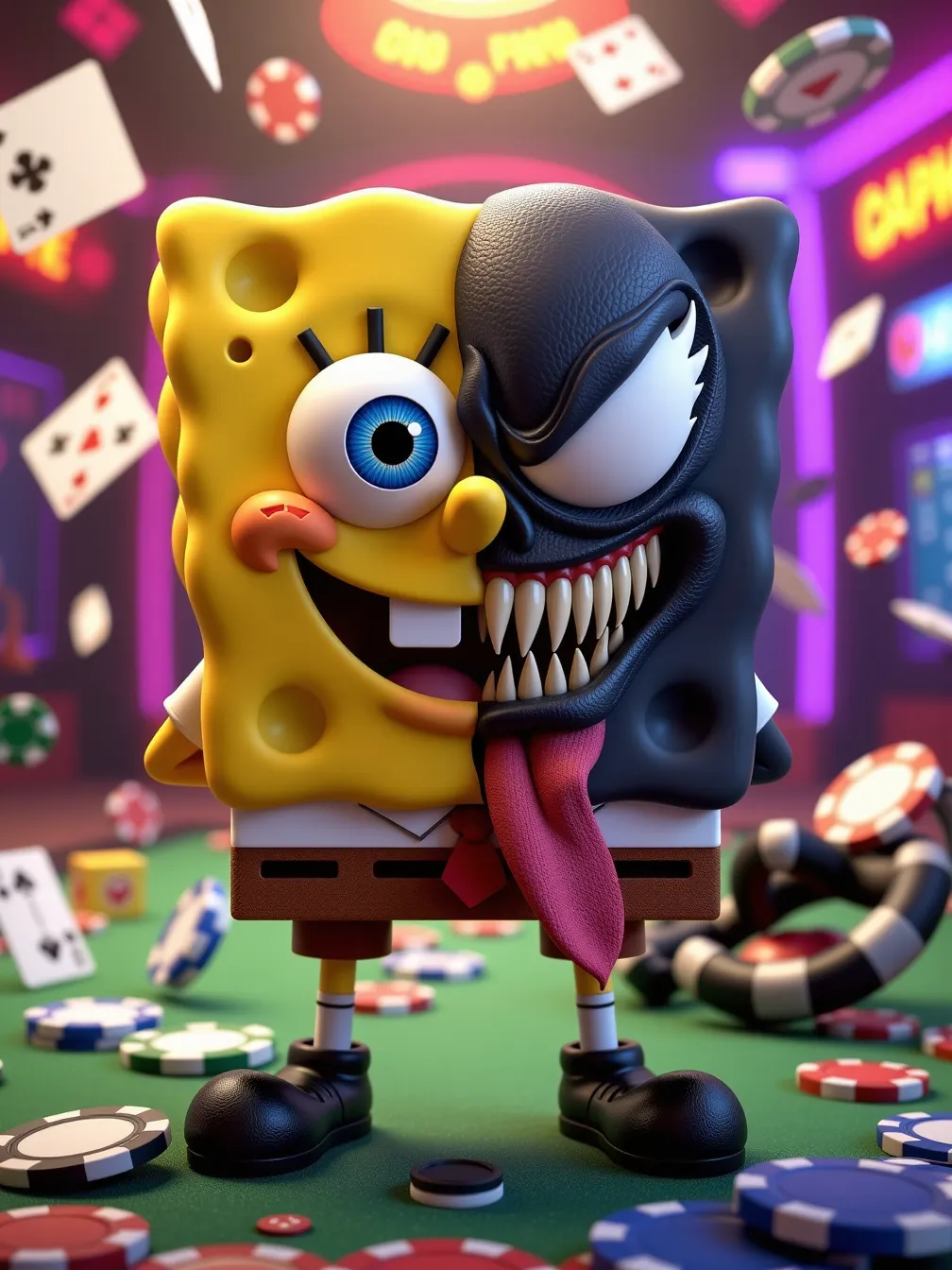 Fusion of SpongeBob and Venom in a Casino Setting