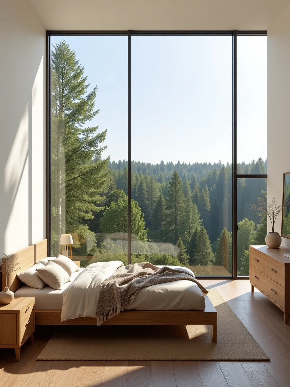 Modern Minimalist Bedroom with Forest View