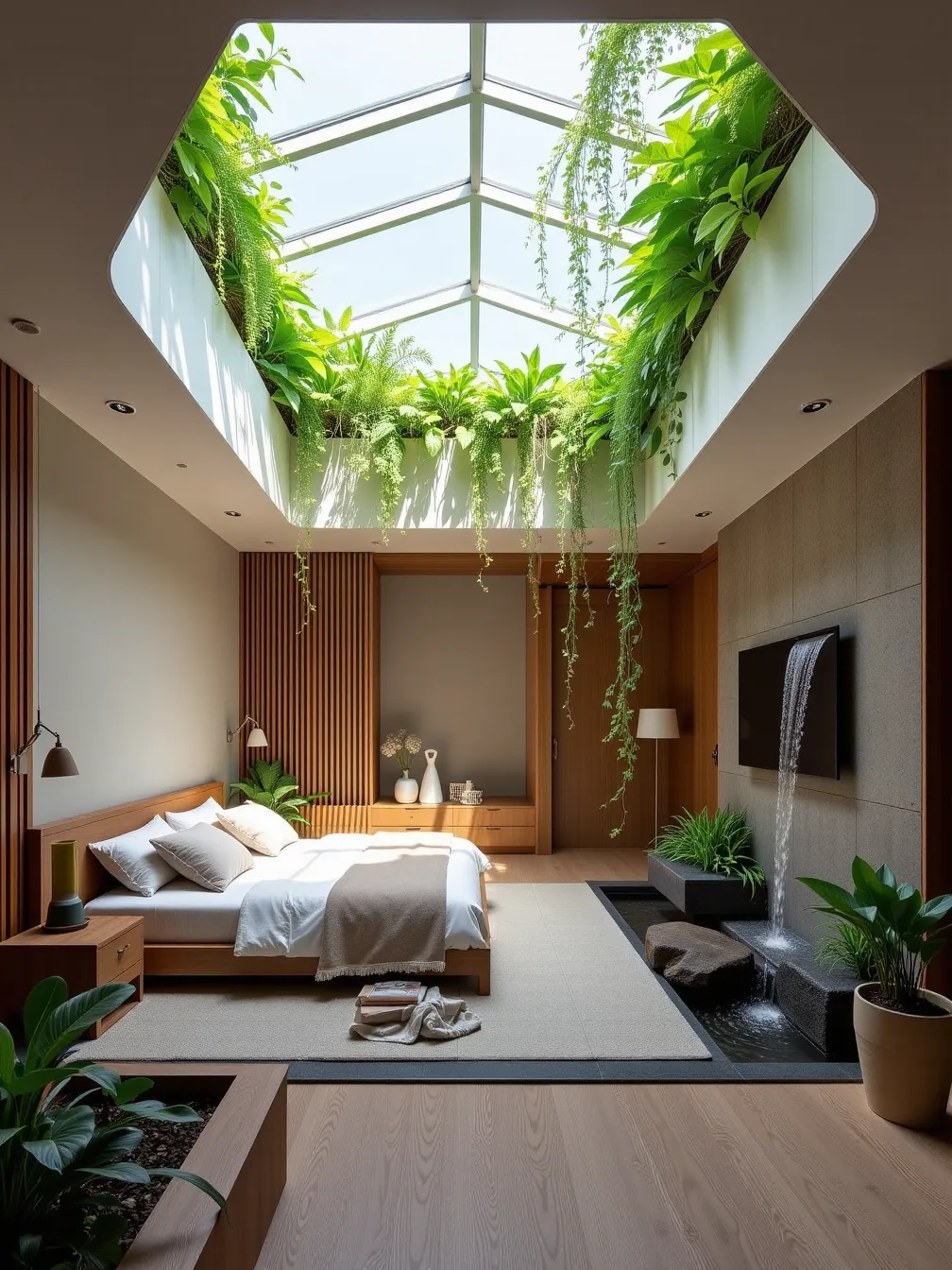 Contemporary Bedroom with Living Roof and Skylight